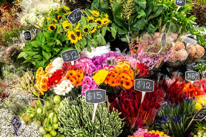 A selection of spring flowers in bunches with prices.