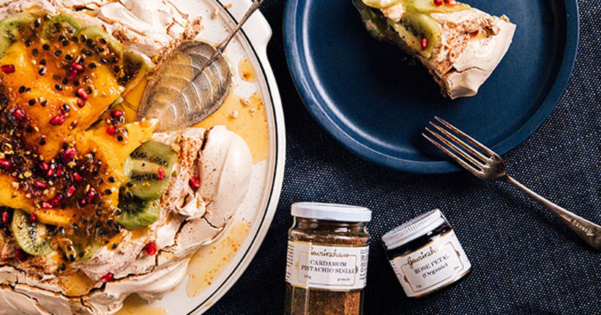 Cardamom Pistachio Pavlova with Rose Cream, Kiwifruit and Mango | South Melbourne Market